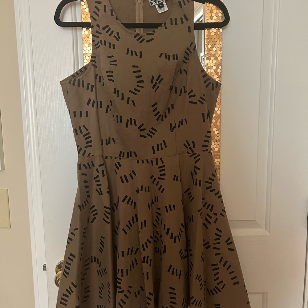 Anthropologie Dusen Dusen Tan Black Dashes Fit & Flare Mini Dress - Picture 2 of 7